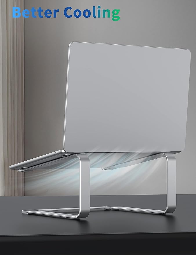 SOUNDANCE Laptop Stand for Desk, Ergonomic Metal Computer Riser for 12-17.3 Inch Laptops, Heavy Duty Stable Desktop Holder, Improves Eye Level & Workspace Organization, Silver