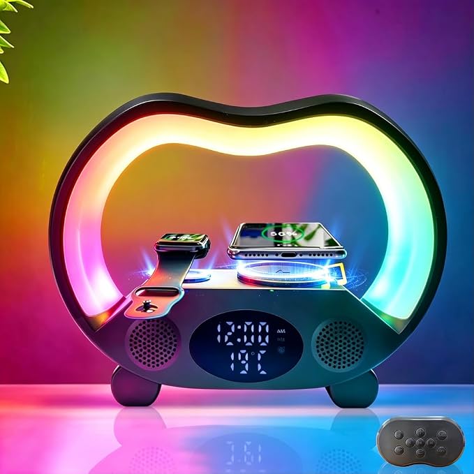 IHAO 6in1 Multi Functional Wireless Charger Bluetooth Speaker Time&Temperature Display Alarm Clock 7-Color LED Night Lights Fast Charger for Phone Apple Watch Earbuds Remote Control-Black