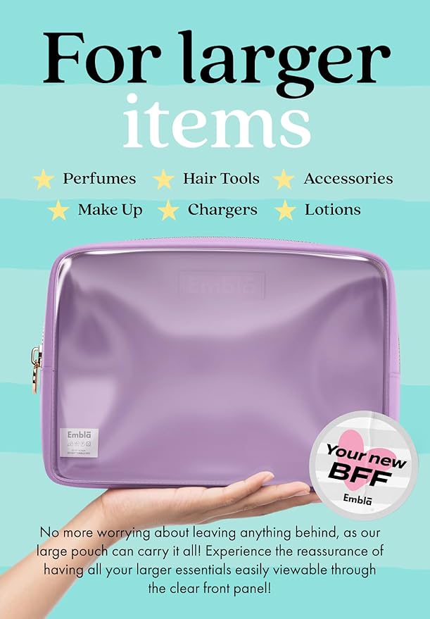 Embla Clear Large Makeup Bag Cute Big Make Up Nylon Pouches Travel Bathroom Bags for Toiletries XL Cosmetic Pouch for Women Girls Extra Large Zipper Toiletry Skincare Organizer Purple