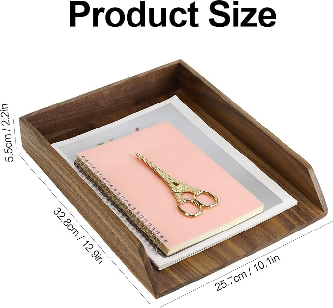 Buqoo Walnut Wood Desk Organizer Letter Tray | 12.9x10.1x2.2in, Rectangular, Serving & Storage Tray, Office/Home