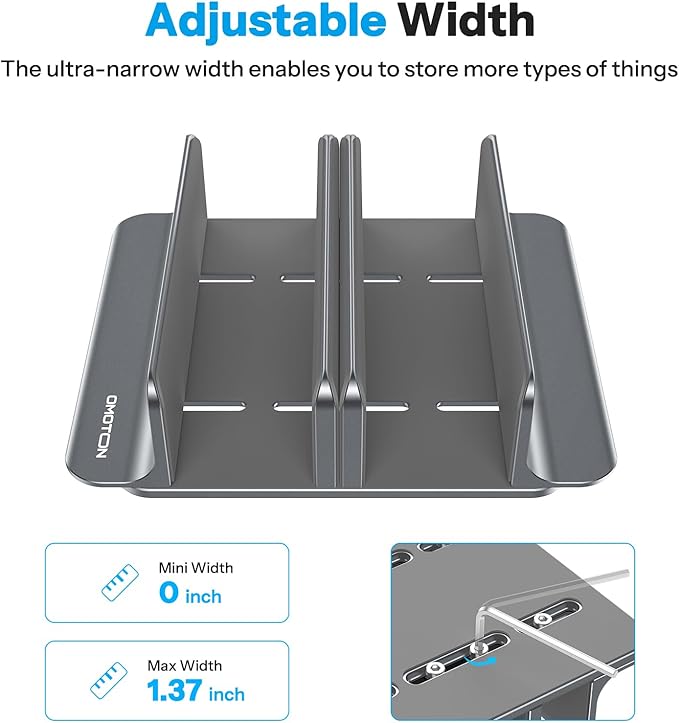 OMOTON Vertical Laptop Stand [Updated 3-Solts Version], Desktop Aluminum Mac Book Stand with Adjustable Dock Size, Fits All Mac Book, Surface, Chrome Book and Gaming Laptops (Up to 17.3 inch), Grey