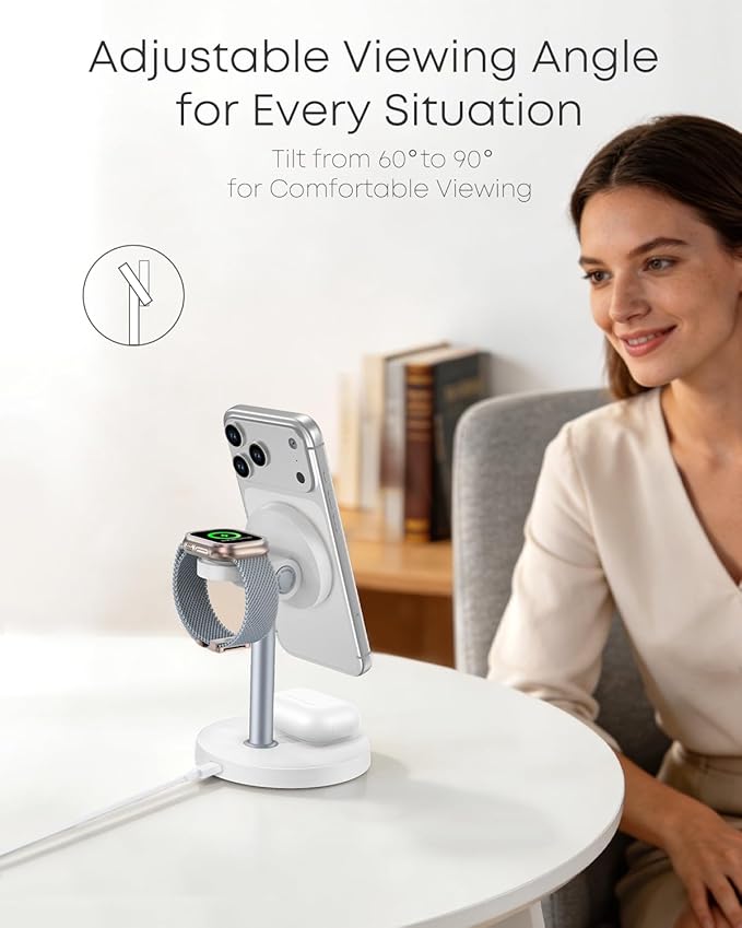 3 in 1 Magnetic Wireless Charging Station, 15W Fast Charger Stand for iPhone, Phone Charger Stand for Desk Nightstand, Compatible with iPhone 17/16/15/14, Apple Watch & AirPods, Adapter Not Included