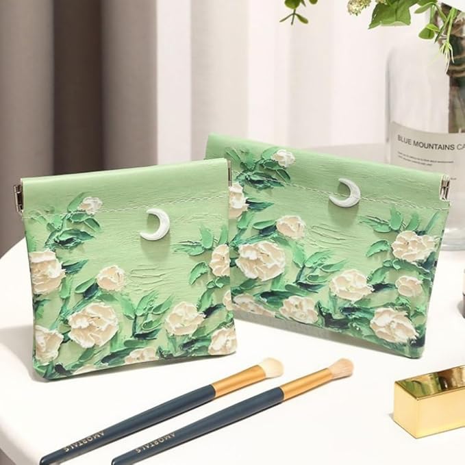 2 PCS Small Leather Cosmetic Bag for Purse - Mini Makeup & Coin Organizer Gift Set for Women - Snap Closure Travel Pouch for Lipstick, Keys, Charger Cable, Coins (Roses Under the Moon)