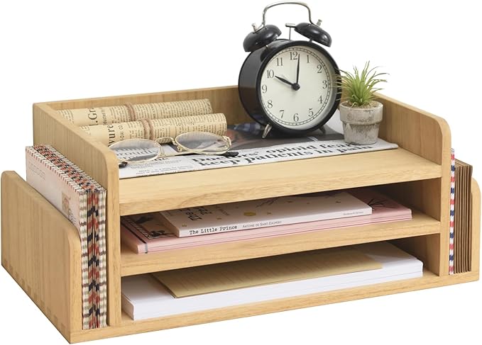 KIRIGEN Wood Desk Organizer 5 Trays, 3-Tier Desktop Document Letter Tray with Side Slots, Fully Assembled Mail Sorter and File Folder Holder for Home Office, Natural 2TP-NA