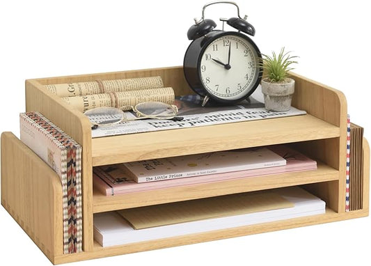KIRIGEN Wood Desk Organizer 5 Trays, 3-Tier Desktop Document Letter Tray with Side Slots, Fully Assembled Mail Sorter and File Folder Holder for Home Office, Natural 2TP-NA