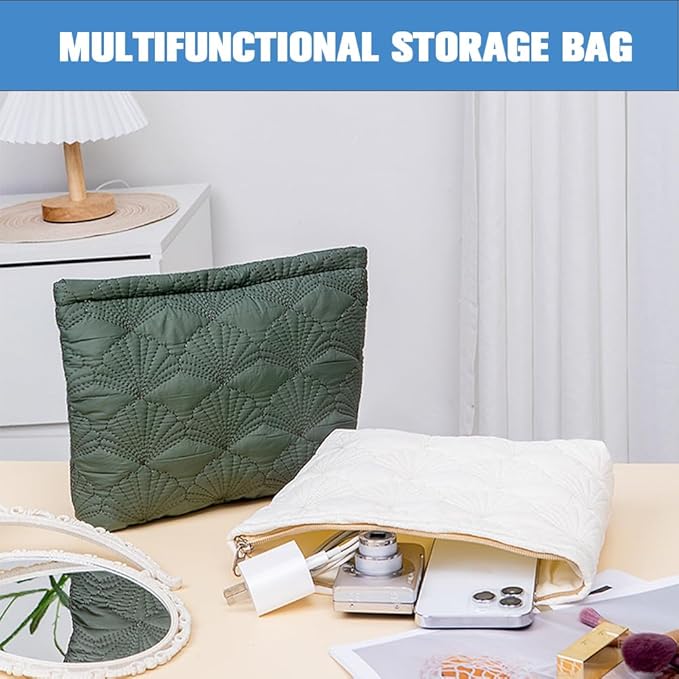FITINI Makeup Bag Travel Large Portable Quilted Floral Print Cosmetic Organizer Cute Pouch for Women Soft Cotton Zipper Waterproof Toiletry Storage Bags