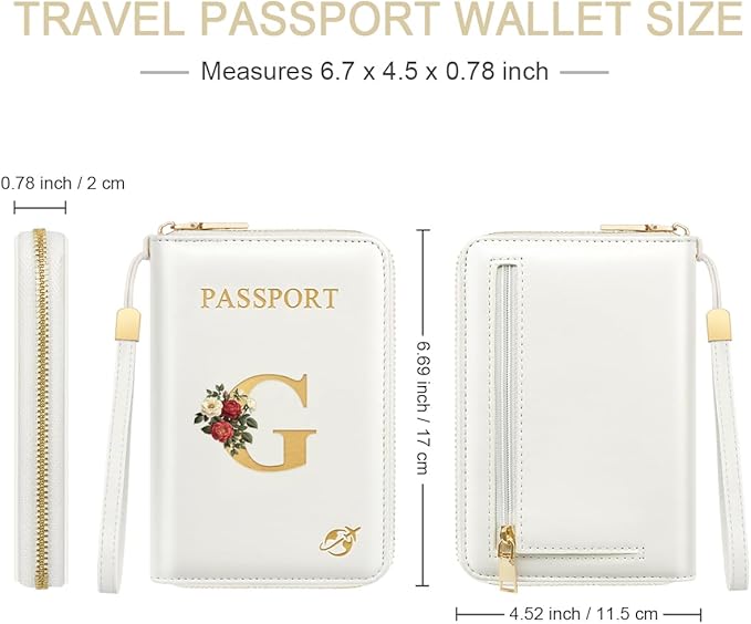 Passport Holder for Travel Personalized Passport Holder Initial Letter Rose Flower RFID Blocking Travel Wallets Credit Cards Holder for Women Men, White G