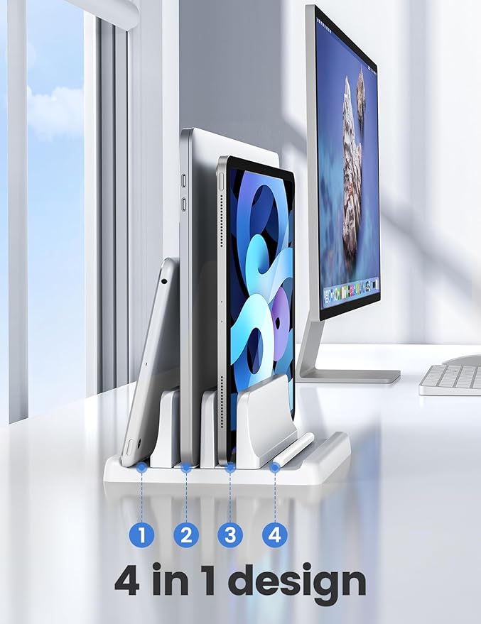 Vaydeer Vertical Laptop Stand for Desk, Dual Slots Plastic Laptop Holder Organizer with Space Saving 4-in-1 Design, Adjustable Laptop Stand Storage Supports MacBook, Chromebook, Surface, Dell (White)