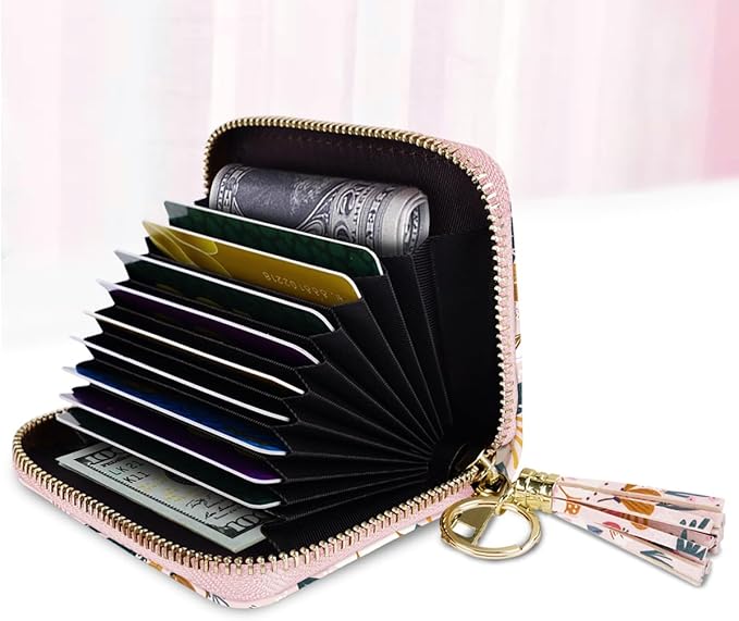 Coco Rossi Leather Credit Card Wallet for Women, RFID Blocking Zipper Cards Holder with Tassel, Pink Flowers
