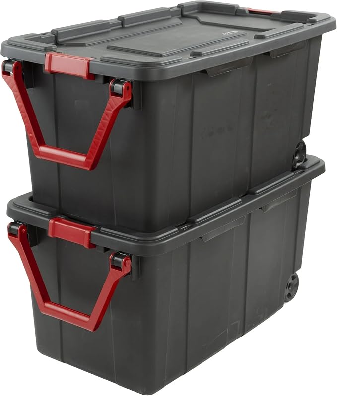 40 Gallon Plastic Storage Box, Wheeled Industrial Tote, Pack of 2