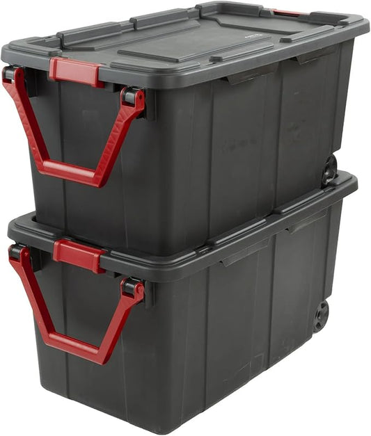 40 Gallon Plastic Storage Box, Wheeled Industrial Tote, Pack of 2