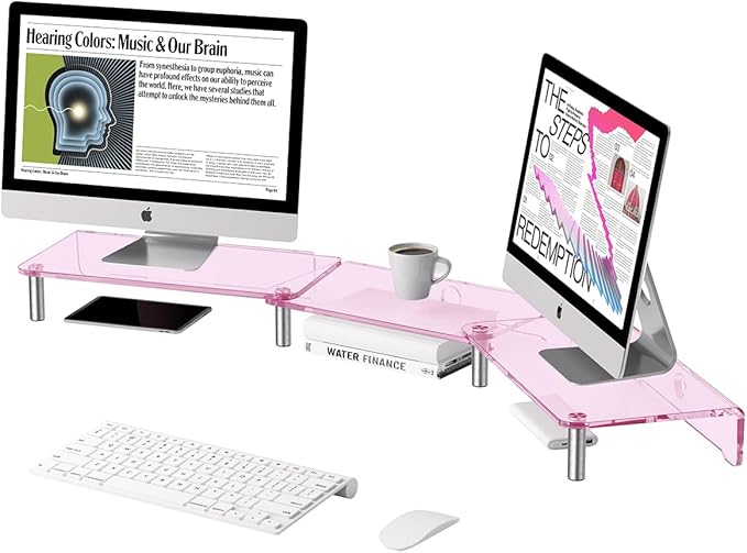 dual monitor stand riser, 3-layer pink acrylic monitor stand with anti slip pad, adjustable length and angle, suitable for 2 monitors, desktop, laptop, PC, printer, TV screen (Pink acrylic)