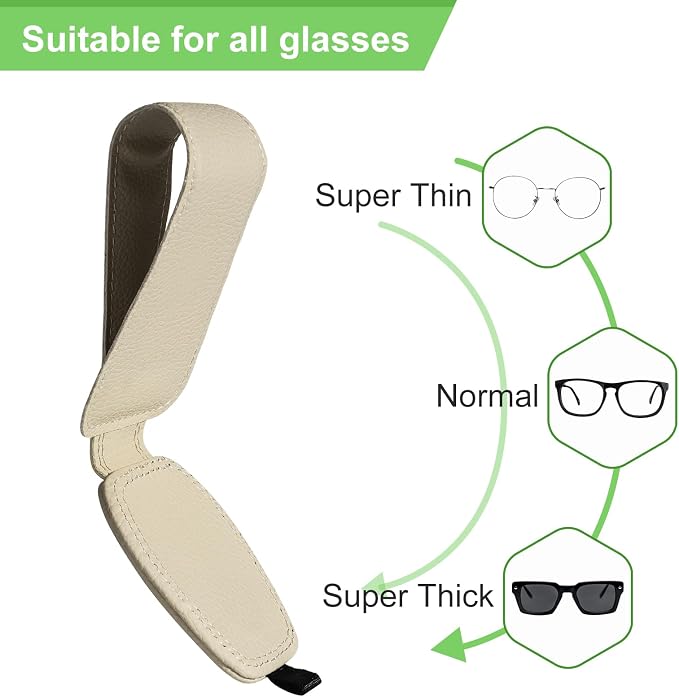2 Pack Magnetic Leather Sunglasses Holder For Car，Car Visor Accessories And Ticket Card Clip，Fit Different Size Eyeglasses (Beige)