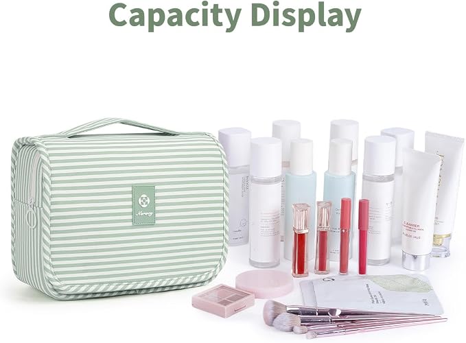 Narwey Small Hanging Toiletry Bag for Travel Women Girl, Striped Toiletries Travel Bag with Hook, Hanging Makeup Bag Organizer Make Up Cosmetic Bags, Gifts for Kids Teen (Mint Green Stripe)