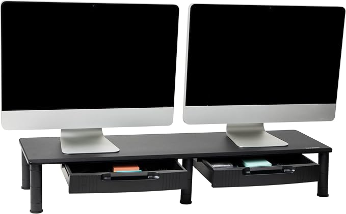 Mind Reader Dual Monitor Stand, Height Adjustable, Desktop Organizer, Laptop Riser, Office, 38.5"L x 11"W x 2.55-6.5"H, Black