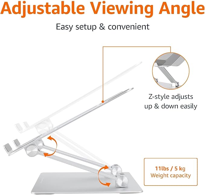 Amazon Basics Sturdy and Portable Ergonomic Laptop Stand for Desk, Height Adjustable Riser with Ventilated Cooling, Foldable, Fits all Laptops up to 17.3 Inch, Silver, 10 x 8.7 x 6 in