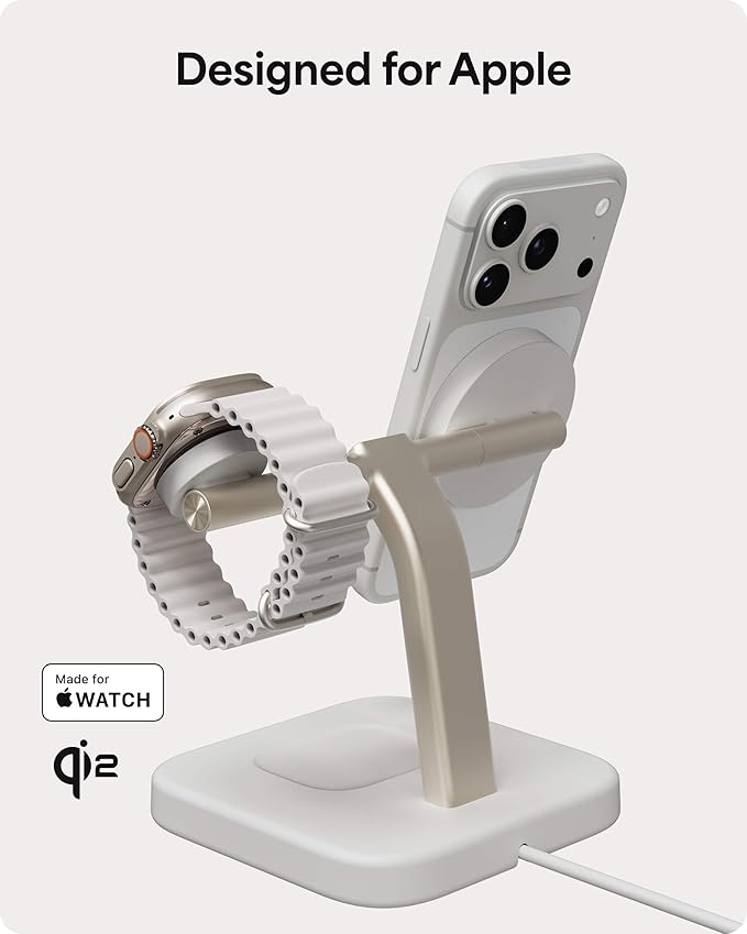 Mophie 3-in-1 Wireless Charging Stand - Qi2-Certified, MagSafe Charger for iPhone, Apple Watch & AirPods – Fast Charging Station with Adjustable Phone Stand & Cable Management – Up to 15W Power, White