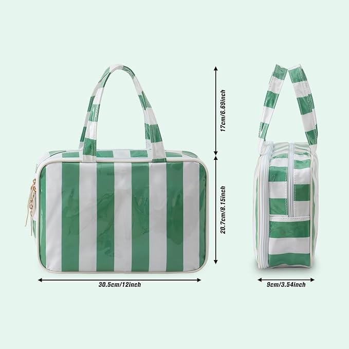 Travel Toiletry Bag for Women, Waterproof Clear Coated Portable Stripe Makeup Cosmetic Bag with Compartment, Travel Organizer for Shampoo, Conditioner, Brushes Set,Cosmetic Accessories(White-Green)