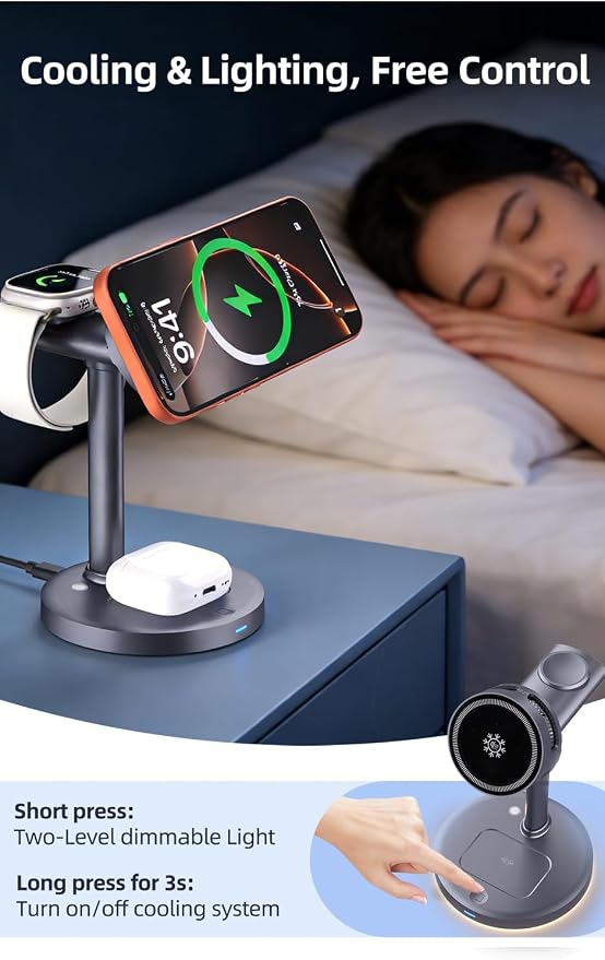 25W Wireless Charger 3 in 1 Magnetic Charging Station with TEC Active Cooling, Qi2.2 Certified Fast Charging Stand for iPhone 17 Pro Max/16/15, Apple Watch & AirPods, 65W Adapter Included