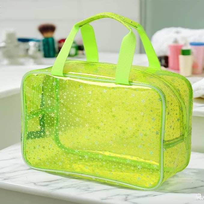 SxoSyo Clear Makeup Bags Large Toiletry Bag for Women Transparent Cosmetic Bag with Handle Travel Essential Bathroom Organizer (Green Star)