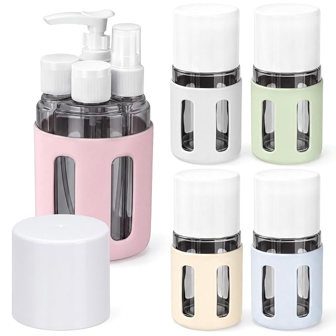5 Pack 4 in 1 Travel Bottles Set Bulk, Leak Proof Travel Containers for Toiletries with Spray Bottle, Lotion Bottle and Flip Cap Bottles, Portable TSA Approved Trip Accessories