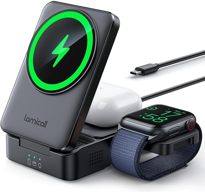 Lamicall Foldable 3 in 1 Wireless Charging Station for Apple MagSafe - [Upgraded Cooling & Reliability] Compact Travel Magnetic Charger Stand for iPhone 17 16 15 14 13 Pro Max, AirPods, Apple Watch