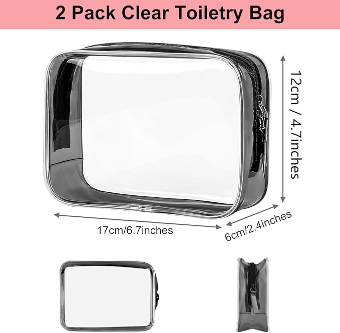PLULON 2 Pack Travel Toiletry Bag, TSA Approved Toiletry Bag Clear Makeup Cosmetic Bag Quart Size Carry on Travel Accessories Portable Bags for Women Men - Black