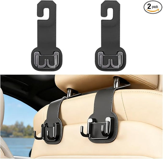 2PCS Car Seat Back Storage Hook, Foldable Metal Vehicle Headrest Dual Hook for Purses Handbags Groceries, Multifunctional Auto Interior Hanger Accessories, Universal Fit (Black)