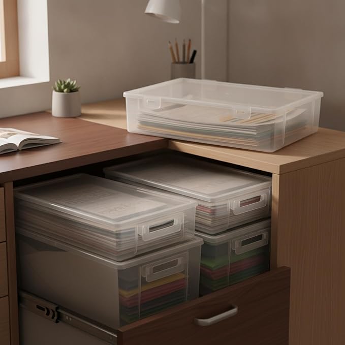 Low-Profile Rectangular File Box with Handle, Transparent PP Plastic Document Organizer for Desktop Storage