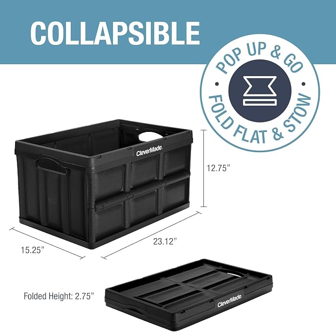 CleverMade Collapsible Storage Bins 62L (3-Pack) – Heavy Duty Collapsible Plastic Storage Bins, Large Stackable Folding Storage Bins for Garage, Car, Grocery & Home Organization - Ocean