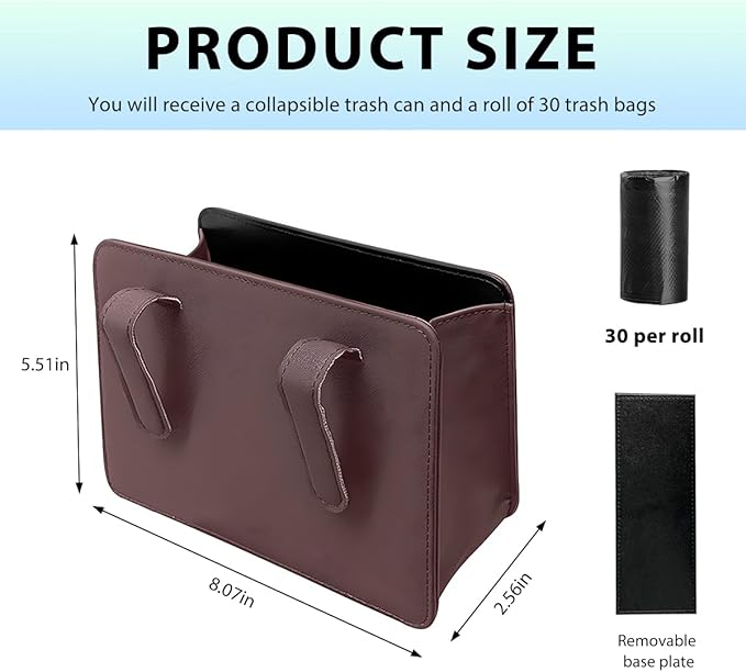 Car Trash Can, Waterproof Leather Hanging Storage Container Vehicle Dustbin, Auto Foldable Mini Garbage Organizer Trash Bag for Truck SUV RV, Essential Car Accessories (Dark Brown)