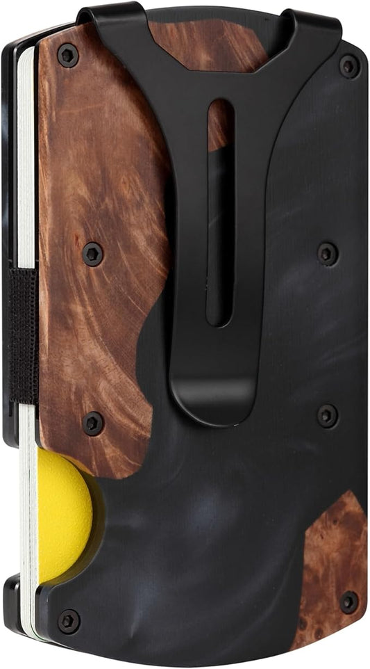 Slim Wallet for Men,RFID Blocking Minimalist Metal Wallet, Money Clip/Cash Holder, Front Pocket Aluminum Credit Card Holder, Ideal Gift for Men,Resin Black-Wood