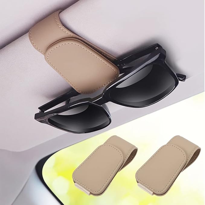 2 Packs Sunglass Holder for Car Sun Visor, Magnetic Eyeglass Hanger Clip for Car Visor, Leather Car Glasses Mount, Car Interior Visor Accessories (Beige-2Pcs)