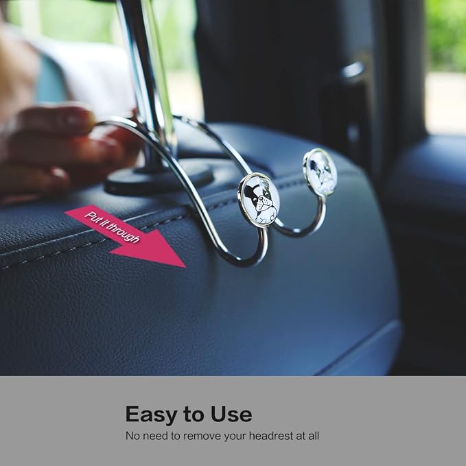 4 Pack Cute Car Hooks for Bags, Strong Universal Stainless Steel Car Headrest Hooks, Car Seat Hanger Hooks for Purses & Grocery Bag (Dog)