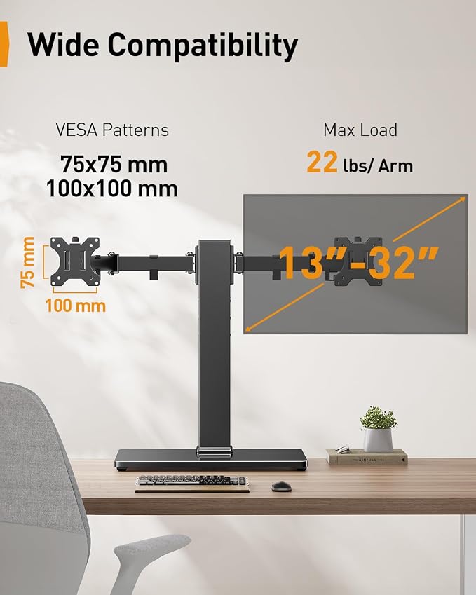 Perlegear Dual Monitor Stand with Power Strip, Freestanding Computer Monitor Stand for 2 Screens up to 32 Inch, Monitor Stand Riser with Glass Base and Adjustable Arms, Holds 22 lbs per Arm, PGTVS41B