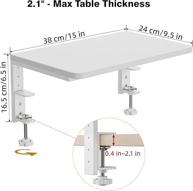 Desk Extender, 15-inch Clamp-On Desk Shelf, Height-Adjustable Desktop Shelf Organizer for Monitors Office and Gaming Accessories, Arm Support Table Extension, 44lbs Heavy Duty, White