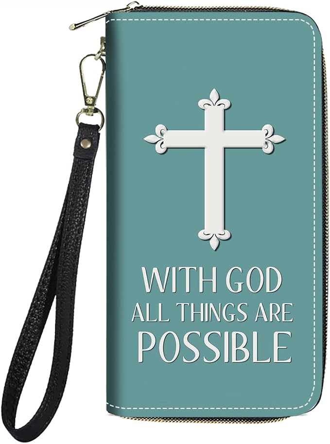 Women's Large Capacity Wallet PU Leather Zip Around Clutch Purse Multifunctional Wallet with Removable Wristlet Strap for Smart Phone/Coin/Card/Cash, Christian Cross with God All Things are Possible
