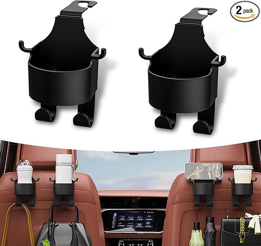 2 Pack Car Seat Headrest Hook with Cup Mount, 3 in 1 Multifunctional Vehicle Storage Hook Replacement, Universal Waterproof Automotive Organizer Accessories for Truck SUV Car (Black)