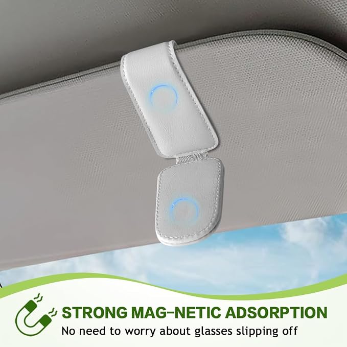 Sunglass Holder for Car, Sunglasses Clip for Car Visor, Magnetic Leather Vehicle Eyeglass Hanger Clip, Auto Ticket Card Glasses Organizer Clamp Accessories for SUV Sedan (White)