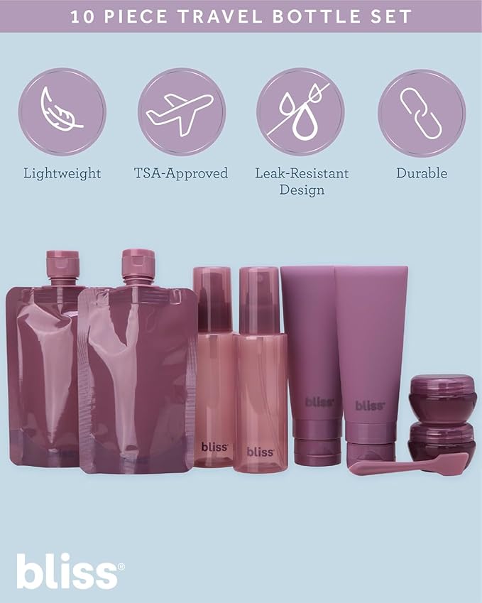 Bliss Travel Bottles Set - 10PC TSA Approved Leak Proof Refillable Travel Size Toiletries Containers for Shampoo Conditioner Lotion & Skincare, Size One Size, Mauve