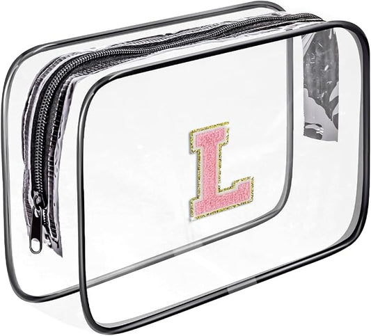 Clear Toiletry Bag,Portable Travel Toiletry Bag,Chenille Letter Cosmetic Bag with Zipper,Waterproof Makeup Bag,Cosmetic Storage Organizer for Women Men,Travel Essentials (Black,L)