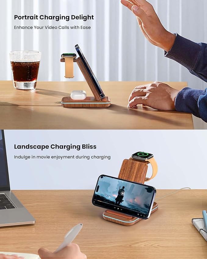 Wireless Charging Station: GEEKERA 3 in 1 Foldable Wireless Charger Stand for iPhone 17/16/15/14/13/12/11/Pro Max/X/8, Charging Station for Apple Watch Ultra/SE/11/10/9/8/7/6/5/4, AirPods 4/3/2/Pro