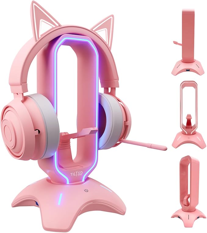 Tilted Nation Cute Headphone Stand Pink | Headset Stand with RGB, Mouse Bungee Holder, and 2 Port USB Hub Charger - Desk Gaming Accessories
