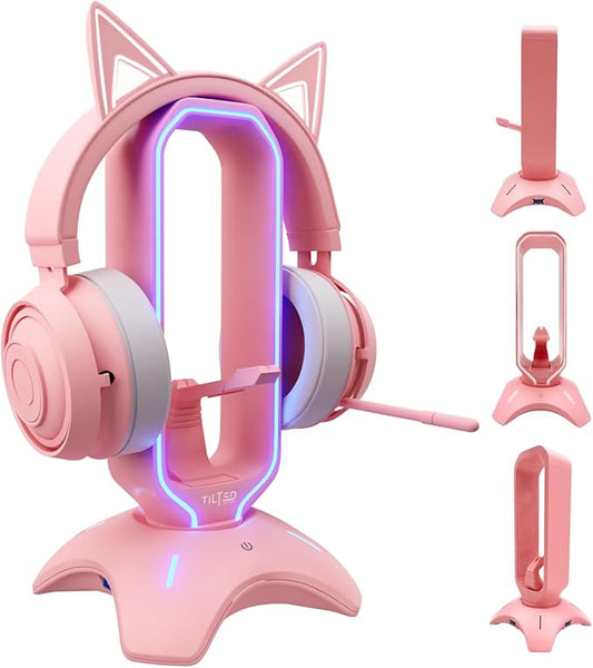 Tilted Nation Cute Headphone Stand Pink | Headset Stand with RGB, Mouse Bungee Holder, and 2 Port USB Hub Charger - Desk Gaming Accessories