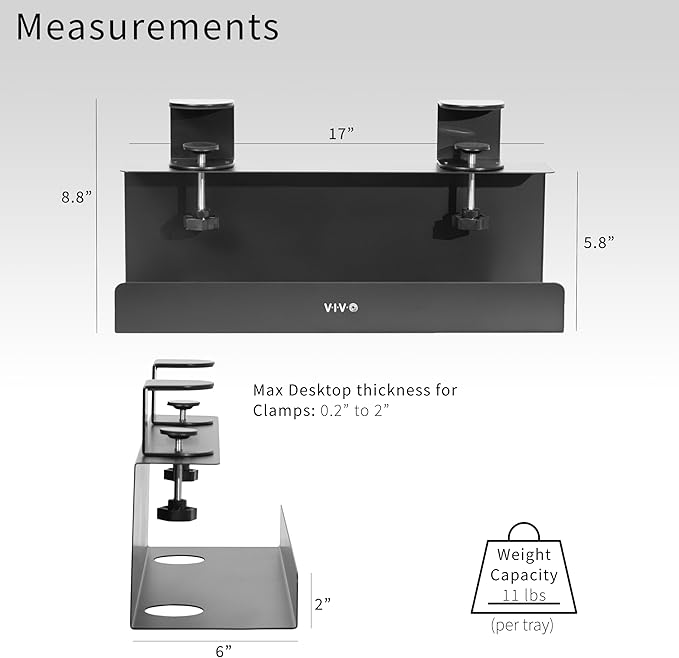 VIVO No Drill Clamp-on 17 inch Power Strip Cable Management Trays, Under Standing Desk Steel Cord Organizer, Black, 2 Pack, DESK-CM6L-2B