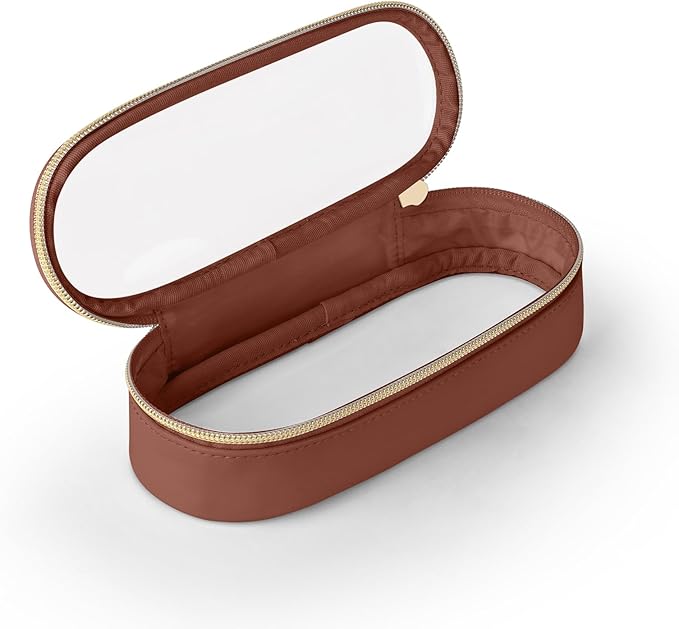 Soimeat Clear Travel Makeup Brush Holder, Leather Makeup Brush Toiletry Bag, Portable Cosmetic Brush Case, Transparent Waterproof Makeup Brush Storage Bag, Brown