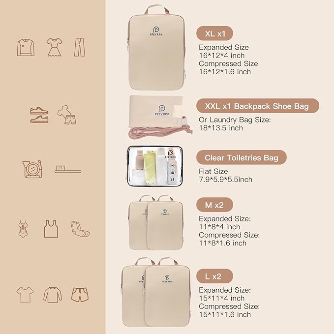 Lightweight Compression Packing Cubes for Suitcases, Compressible Expandable Travel Packing Organizer with Clear Toiletries and Backpack Bag, Travel Essentials for Carry on Luggage 7 Set