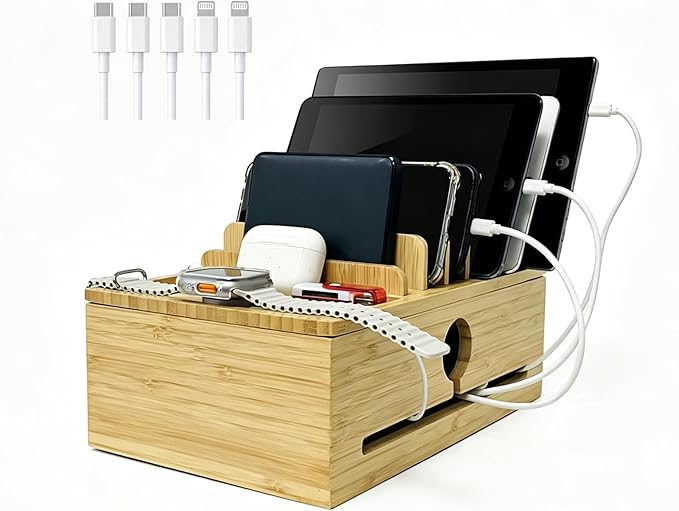 Bamboo Charging Station Organizer for Multi-Devices with Tray, Nightstand Desk Electronic Organizer Stand for Cell Phone, Tablet, Etc (with 5-Cable, No USB Charger)