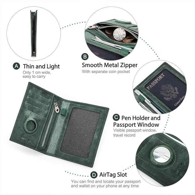 CONTACTS Full Grain Leather Passport Holder RFID Blocking Travel Passport Wallet Compatible with Airtag Passport Cover Case with 4 Cards Slots, Coin Pocket (Green)