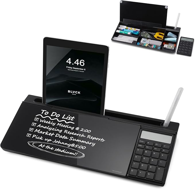 Small Glass Desktop Whiteboard Dry-Erase-Board - Computer Keyboard Stand with Calculator White Board Surface Pad with Drawer, Desk Organizers with Accessories for Office, Home, School Supplies - Black